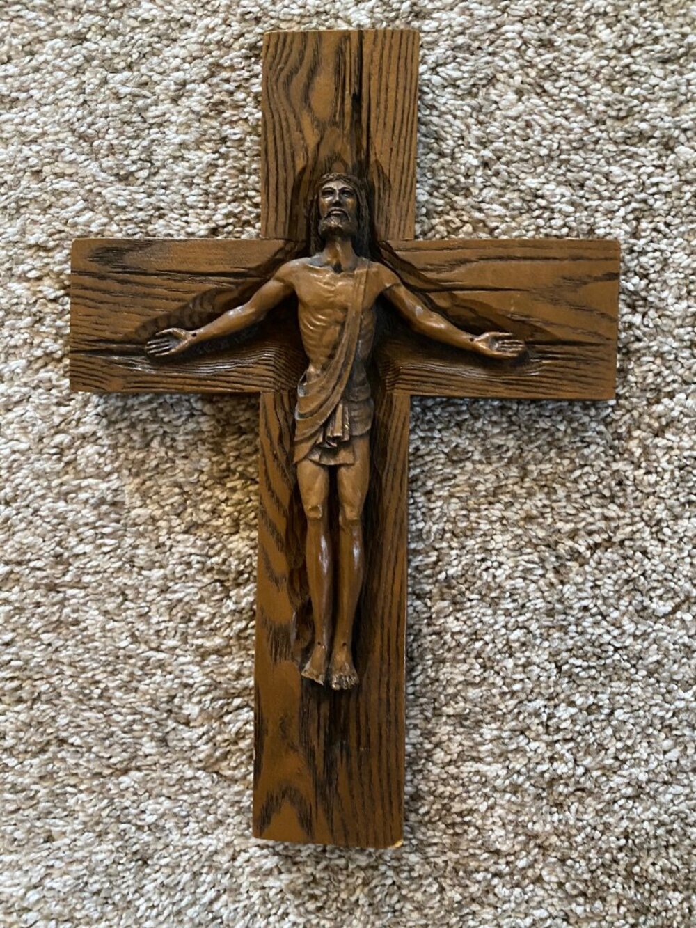 Handmade Wood Religious Wall Hanging Brown Crucifix with Defect on Feet